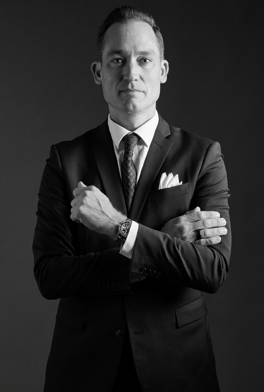 James Driver — Brighton luxury real estate. Black and white editorial portrait.